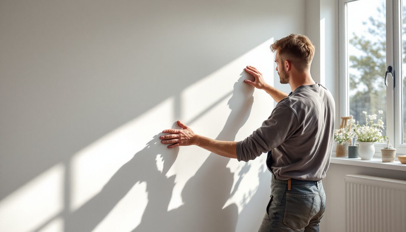 Verlegen weißer Kalziumsilikatplatten zum nachhaltigen Schimmelschutz in einem hellen Wohnraum